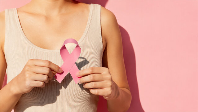 woman holding pink ribbon as symbol of breast cancer awareness. Medical campaign for disease prevention and healthcare support. Human hand showing solidarity with oncology patient