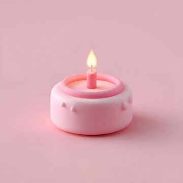 A charming minimalist 3D isometric render of a cute squishy pink birthday candle with a glowing flame, set against a soft monochromatic background, perfect for celebrations and joyous occasions