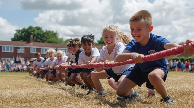 Children participating in a school tug-of-war.  Smiling competitors pull on a rope, focused on the game.  Active outdoor fun in a summer setting