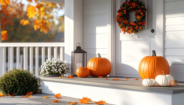 Autumn Porch with Pumpkins