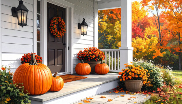 Autumn Pumpkins on Front Porch
