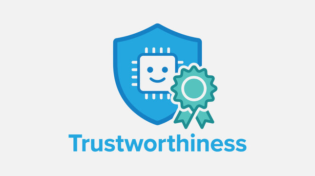 Vector graphic illustration Blue shield icon with robot face and trustworthiness text