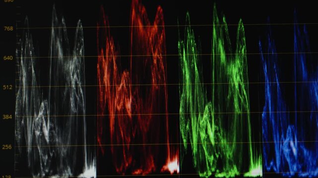 A close-up shot of an RGB parade waveform monitor screen