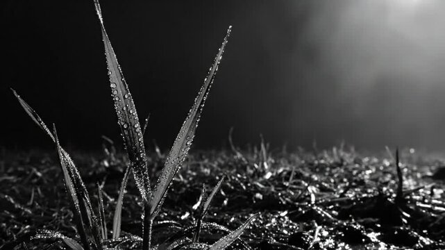 Black and white close up of dewy grass blades with sparkling water droplets, peaceful and atmospheric scene.