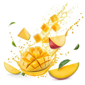 Dynamic mango fruit composition with cubes slices and juice splash tropical delicious vitamins nutrition ingredient