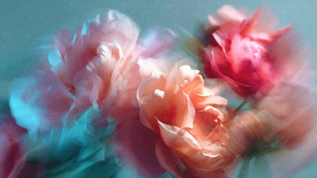 Dreamy Pastel Peonies and Roses in Soft Focus with Ethereal Light and Painterly Texture. omantic floral composition featuring delicate peonies and roses in shades of blush pink, coral, peach and rose 