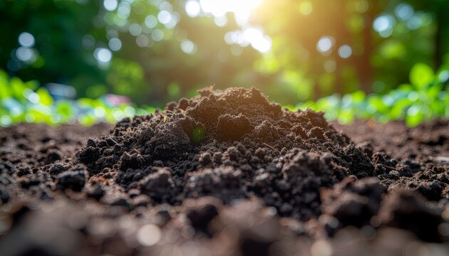 Close-up of fertile soil with blurred green background and sunlight.