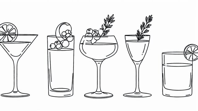 Minimalist line art icons of various bar glassware shapes.