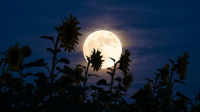 Sunflower ひまわり 268 Full Moon and Silhouette of Sunflowers in the Night Sky（夜空に浮かぶ満月とひまわりのシルエット）