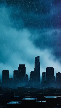 Dark rainy city skyline under storm clouds and heavy weather