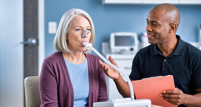 Senior Caucasian woman performing spirometry test with Black male respiratory therapist. Elderly patient checking lung capacity in medical clinic. Respiratory health assessment concept