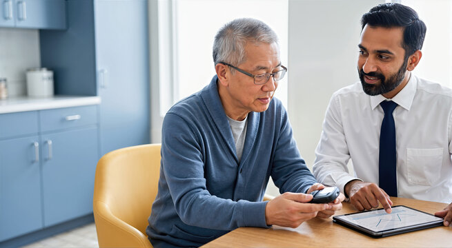 Indian male doctor and senior Asian man reviewing blood sugar levels on tablet. Elderly patient holding glucometer during medical consultation. Diabetes management concept