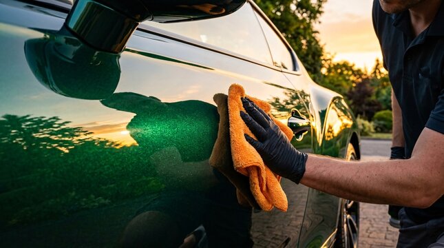 Professional auto detailer carefully buffs the exterior door panel of an emerald green luxury sports car using a plush bright orange towel.