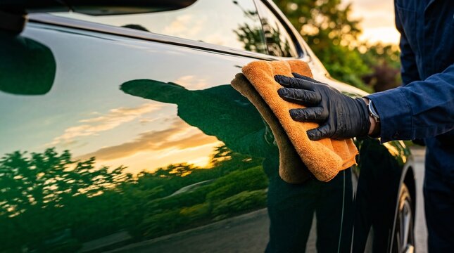 Professional auto detailer carefully buffs the exterior door panel of an emerald green luxury sports car using a plush bright orange towel.