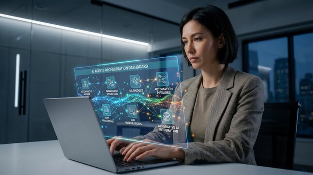 Professional engineer managing ai agent orchestration and automated workflows on a modern laptop screen