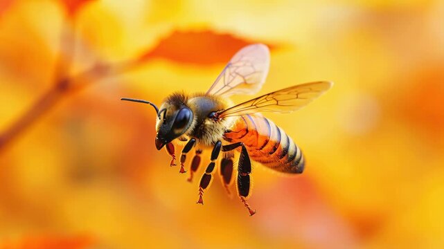 A solitary honey bee hovers in the air, its delicate wings blurring with rapid movement. The background features soft, out-of-focus golden and orange autumn foliage, bathed in bright daylight