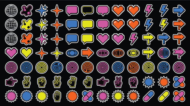 Trendy retro y2k pop art sticker set with colorful heart speech bubble lightning bolt arrow and hand sign icons vector illustration