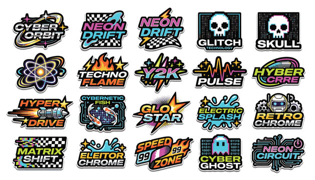 Cyber Y2K retro stickers set with futuristic chrome text effects neon glitch badges and gaming icons pack vector illustration