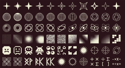 Retro futuristic geometric graphic asset pack featuring y2k stars pixel art elements crosshairs grids and abstract brutalist shapes vector illustration © Abul