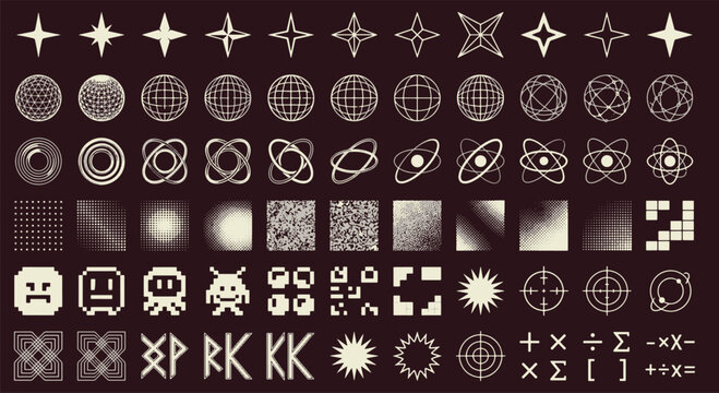 Retro futuristic geometric graphic asset pack featuring y2k stars pixel art elements crosshairs grids and abstract brutalist shapes vector illustration