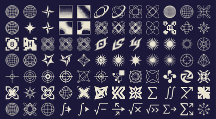 Abstract geometric shapes y2k futuristic design elements wireframe stars cross symbols science math grid chrome techno style asset vector illustration © Abul