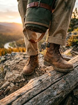 Close-up of hiker in leather boots and canvas trousers standing on a rocky cliff with a bedroll at sunset.