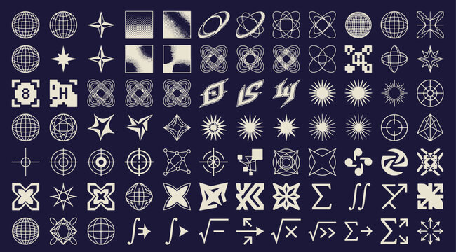 Abstract geometric shapes y2k futuristic design elements wireframe stars cross symbols science math grid chrome techno style asset vector illustration