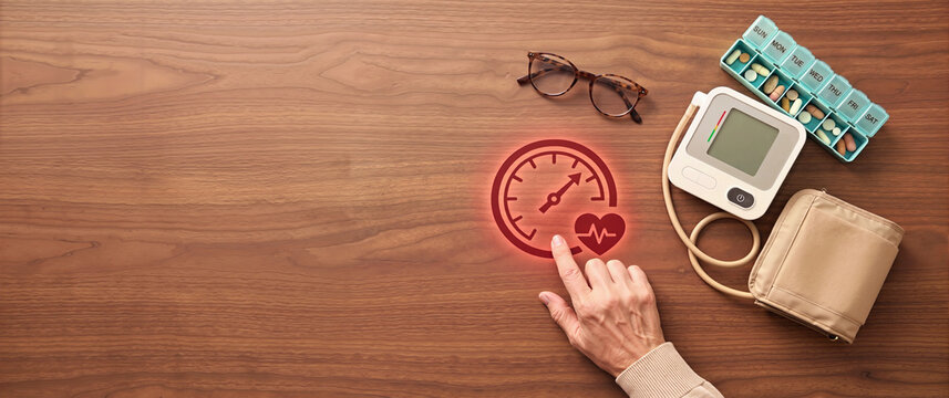 Top view of an elderly hand pointing at a digital health meter icon. Blood pressure monitor and pill organizer on a wooden table. Copy space for text