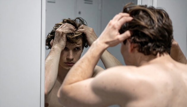 Young Man Looking in Mirror, Messing with Hair, Feeling Stressed.