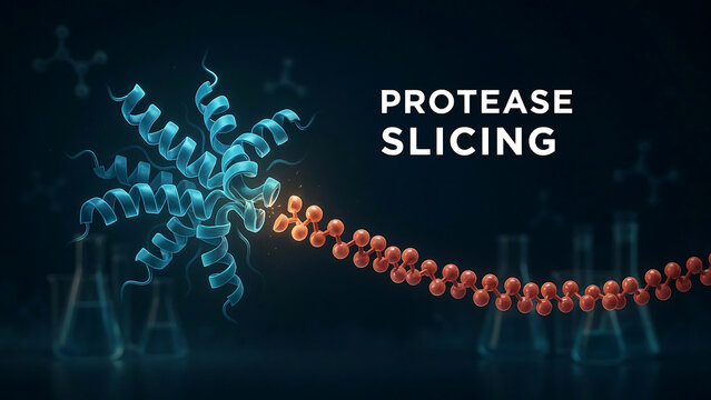 Protein structure with protease slicing through a molecule in a laboratory setting with beakers and test tubes in the background