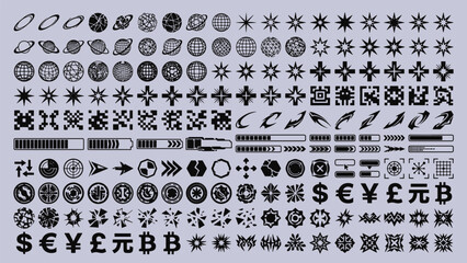 Futuristic sci fi ui elements set with y2k celestial stars abstract geometric shapes currency symbols and loading bars vector illustration © tecna