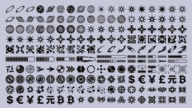 Futuristic sci fi ui elements set with y2k celestial stars abstract geometric shapes currency symbols and loading bars vector illustration