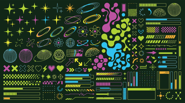 Y2K retro futuristic neon geometric shape set with techno stars loading bars abstract organic liquid blobs and cyber sci fi vector illustration