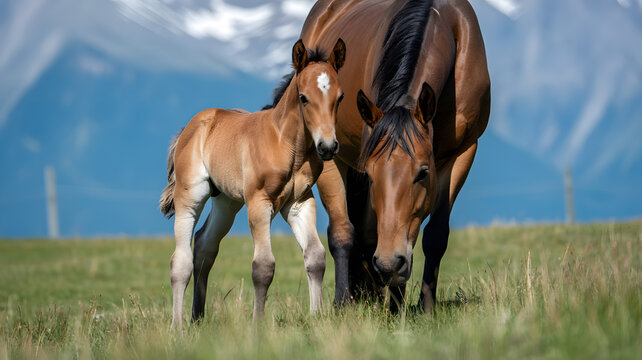A mother horse and her foal standing together in a green field with mountains in the background
