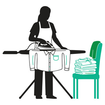 professional laundry service concept with ironing board, folded towels, and green chair in bright studio setting
