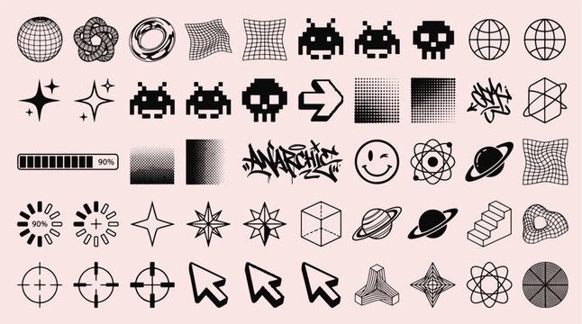 Retro futuristic y2k brutalism abstract geometric shapes pixel art loading bar crosshair star smiley skull graffiti elements vector illustration