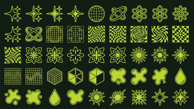 Y2k aesthetic geometric shapes retro futuristic elements sparkle stars acid graphics grid design and abstract chrome stickers vector illustration