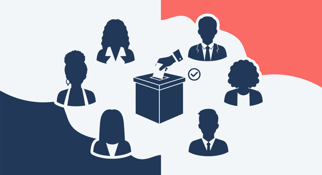 Diverse group of people casting votes in a ballot box election.