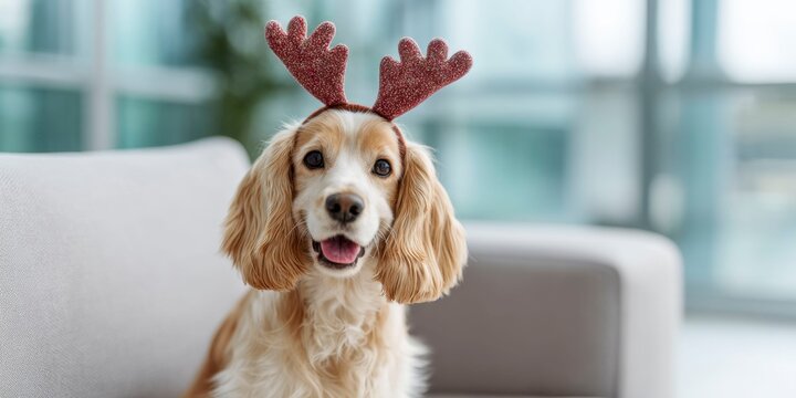 cute english cocker spaniel dog wearing a cute christmas reindeer headband, sitting on the sofa in a bright living room with a modern interior design and large windows