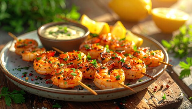 Gegrillte Garnelenspie&szlig;e mit Zitronen-Dip