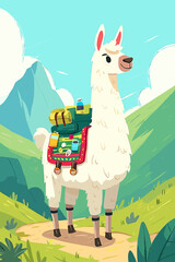 Naklejka premium Alpaca with Colorful Saddle Pack Trekking on Mountain Trail