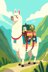 Naklejka premium Alpaca with Colorful Saddle Pack Trekking on Mountain Trail