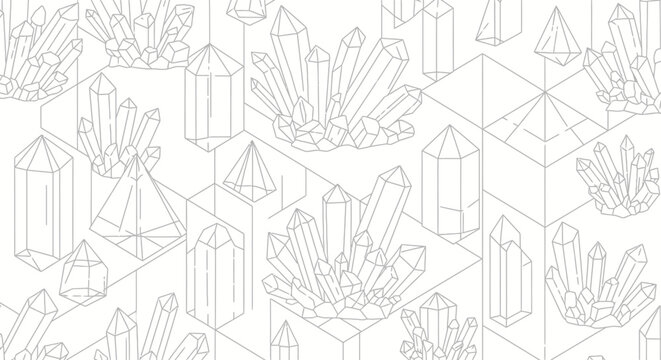 Modern seamless geometric crystal pattern. Elegant line art of faceted gemstones, minerals, and quartz clusters on white background.