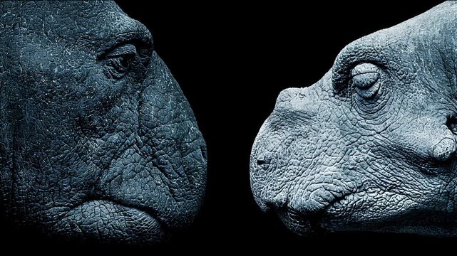 Two dinosaurs gaze at one another, providing a dramatic backdrop for palaeontological projects.
