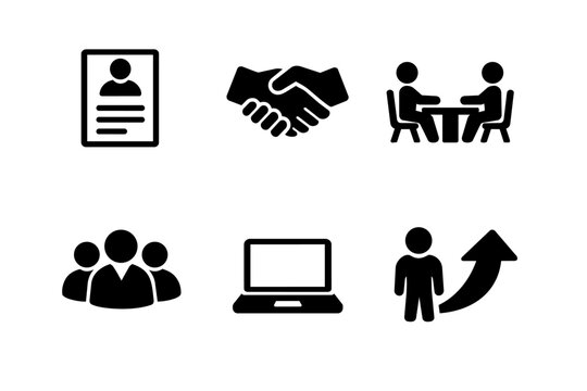 Employment process flat icon set demonstrating job search, human resources, teamwork, interview, and career growth