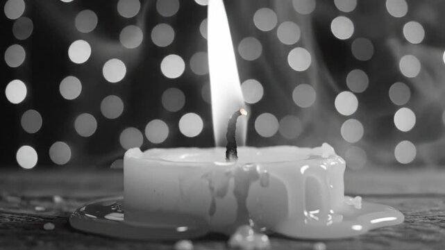 Burning candle with blurred bokeh lights, smoke, and dripping wax, creating a peaceful, emotive atmosphere.