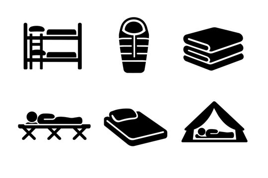 Sleeping and lodging options. Set of glyph icons depicting various ways to rest and different types of accommodation
