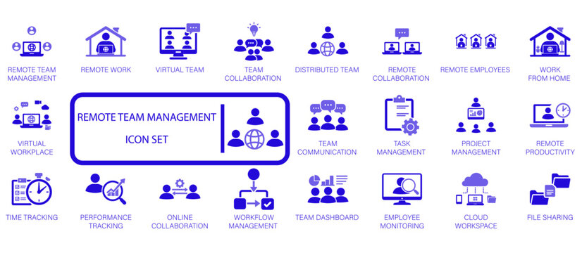Professional vector icon set for modern remote team management, virtual collaboration, and distributed workforce productivity solutions, enhancing digital workspace efficiency