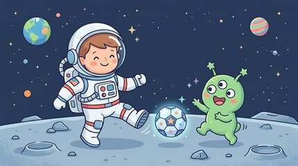 Naklejka premium Astronaut and alien playing soccer on the moon with Earth and planets in the background