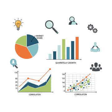 Business data visualization set with market share pie chart and quarterly growth bar graph, financial correlation line charts and scatter plots, professional analytics vector